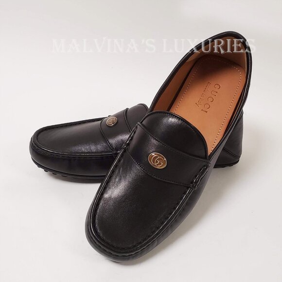 GUCCI SHOES MENS DRIVER MOCCASINS BLACK LEATHER w LOGO & BEE DETAIL 6.5G 7 main image 11